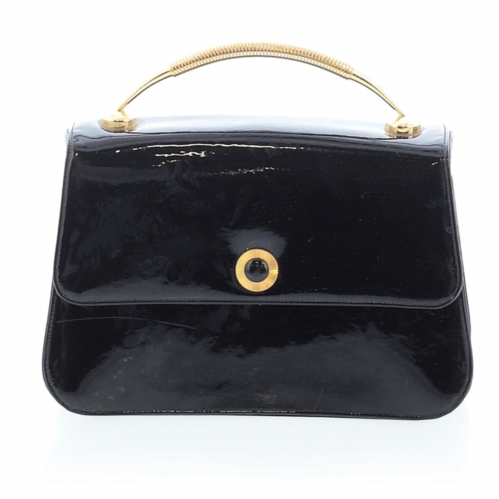 BIENEN DAVIS Black Patent Leather Top Handle Evening Bag Gold Hardware Vintage - Picture 2 of 3